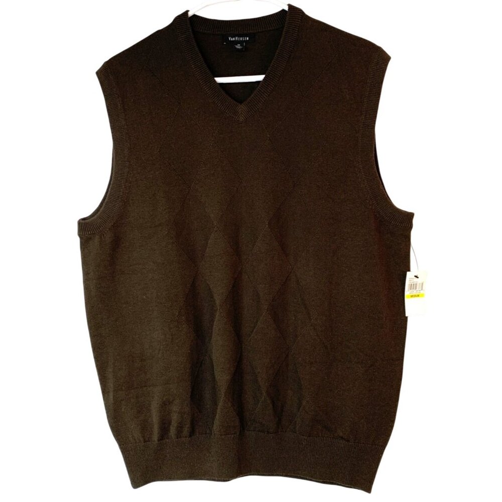 Mens Retro Van Heusen Brown Argyle Knit Sweater Vest M Cotton Blend 10044